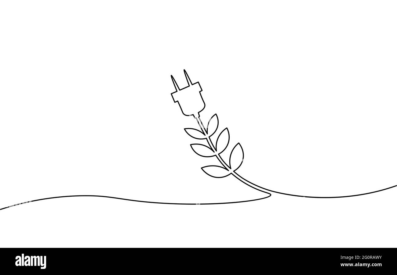 Continuous line art green energy plug concept. Sustainable power storage electric rechargeable supply. Charging battery eco global planet solution Stock Vector
