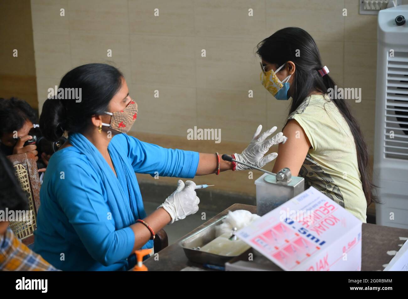 Special covid-19 vaccination drive for widow at gurugram, Haryana, India. 02/06/2021. Stock Photo