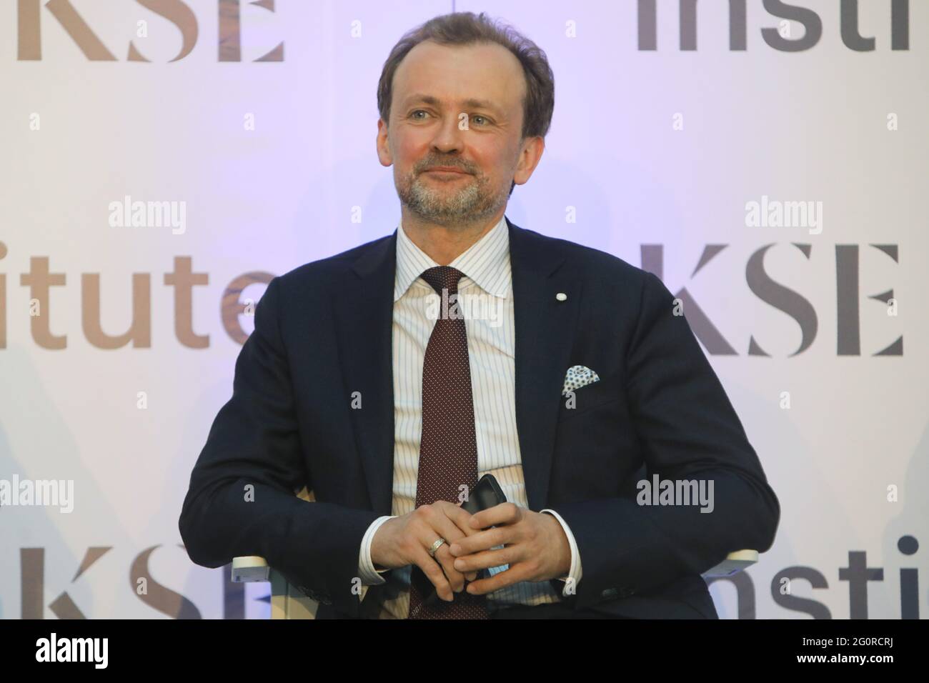 KYIV, UKRAINE - JUNE 2, 2021 - Expert on corporate governance of state enterprises and privatisation, head of corporate governance at KSE Andrii Boits Stock Photo