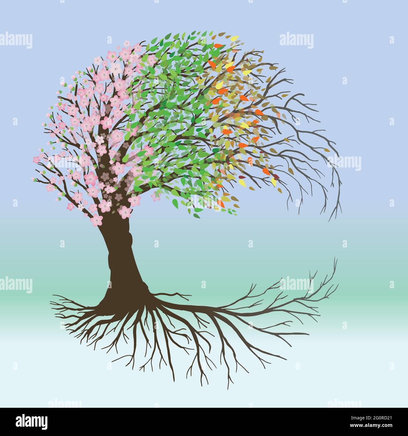 A tree of life with pink blossom and flower butts, green leafs, autumn leafs and winter branches Stock Vector
