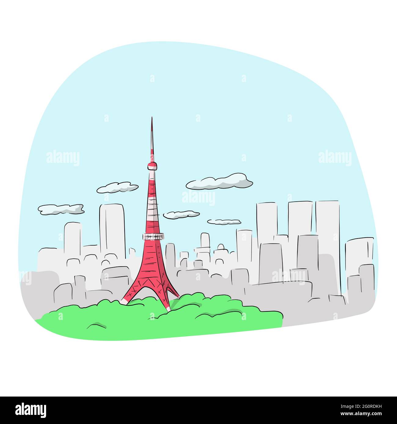 Tokyo tower, landmark of Japan hand drawn isolated on white background illustration vector Stock Vector
