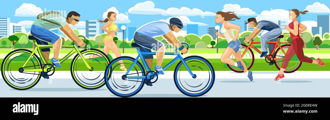The girls are running. Guys ride bicycles. Urban sports. Fitness and healthy lifestyle. Flat cartoon style. Women runners and men cyclists. In the cit Stock Vector