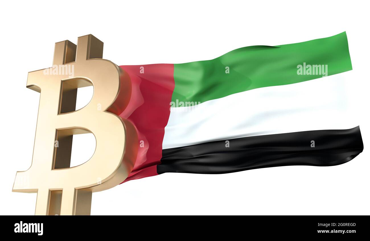 Gold bitcoin cryptocurrency with a waving UAE flag. 3D Rendering Stock Photo