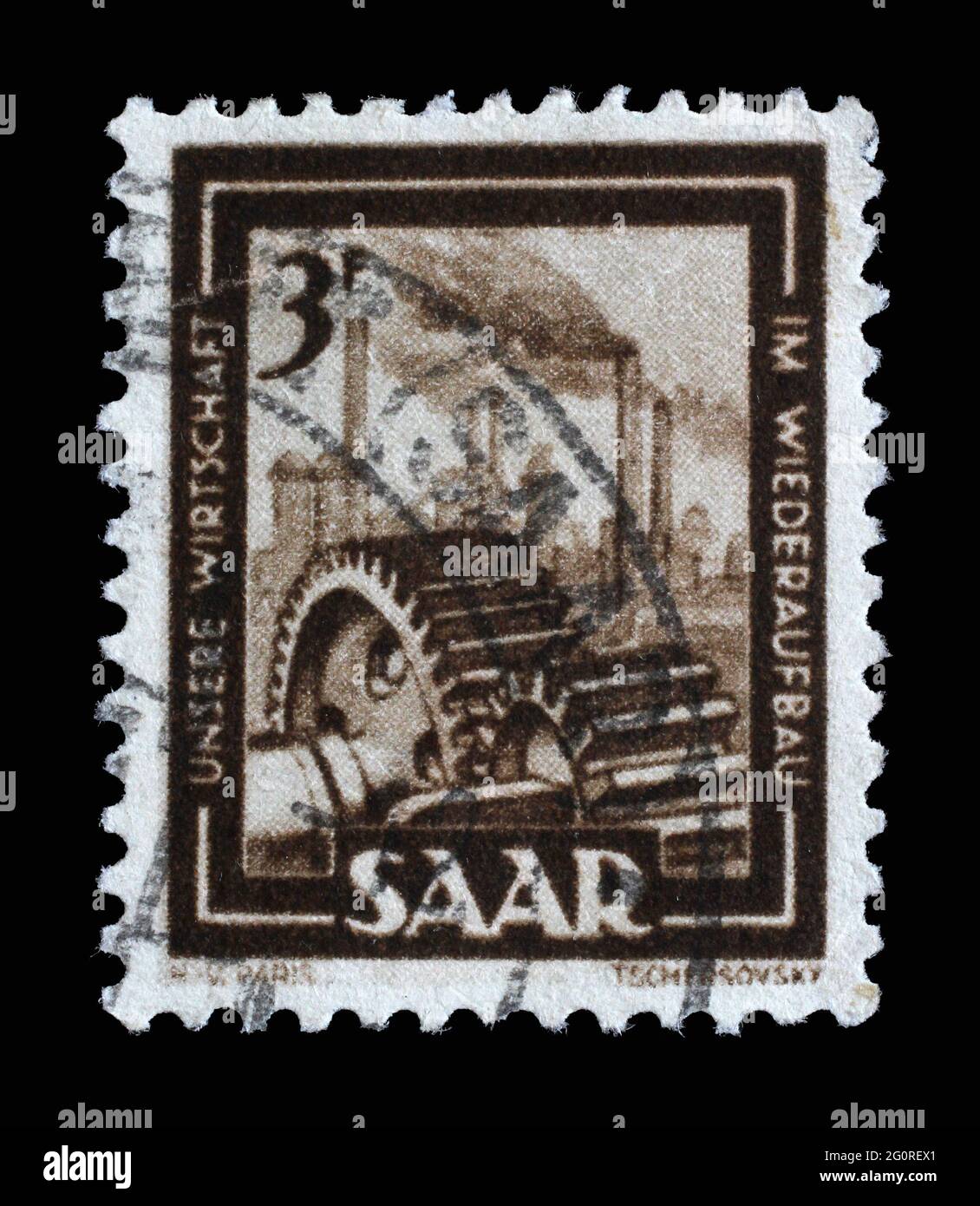 Stamp from Germany area Saar shows Heavy industry, circa 1951 Stock Photo