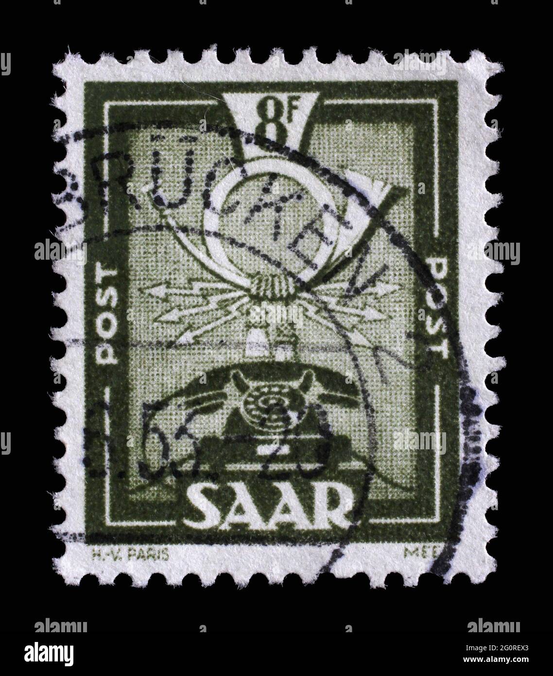 Stamp from Germany area Saar shows Postal and communications symbols, circa 1951 Stock Photo
