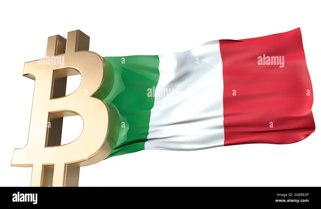 Gold bitcoin cryptocurrency with a waving Italy flag. 3D Rendering Stock Photo