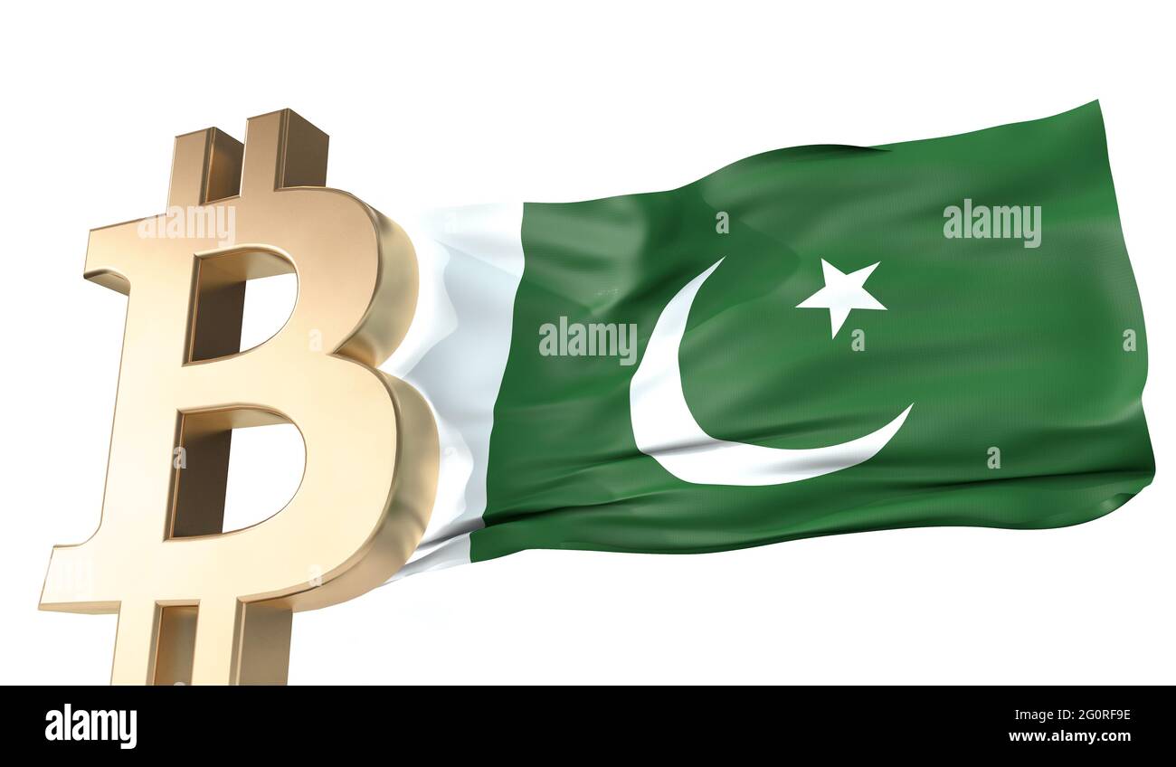 Gold bitcoin cryptocurrency with a waving Pakistan flag. 3D Rendering Stock Photo