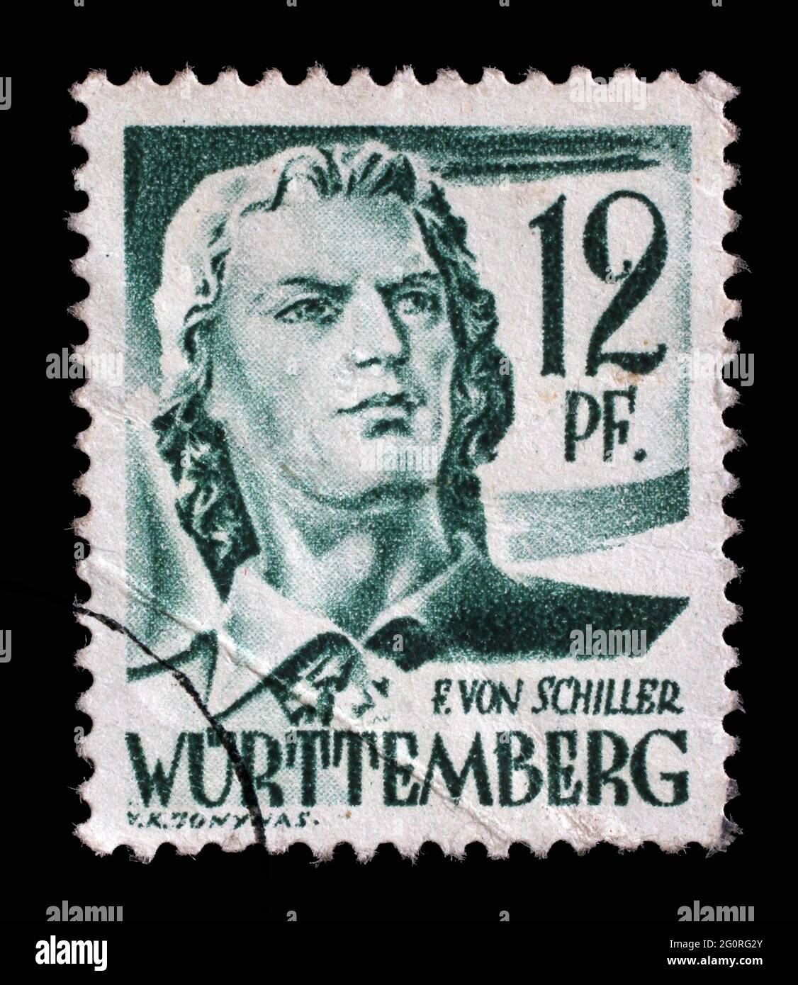 Stamp printed in Germany, French Occupation of Wurttemberg shows Friedrich von Schiller, poet and writer, circa 1947 Stock Photo