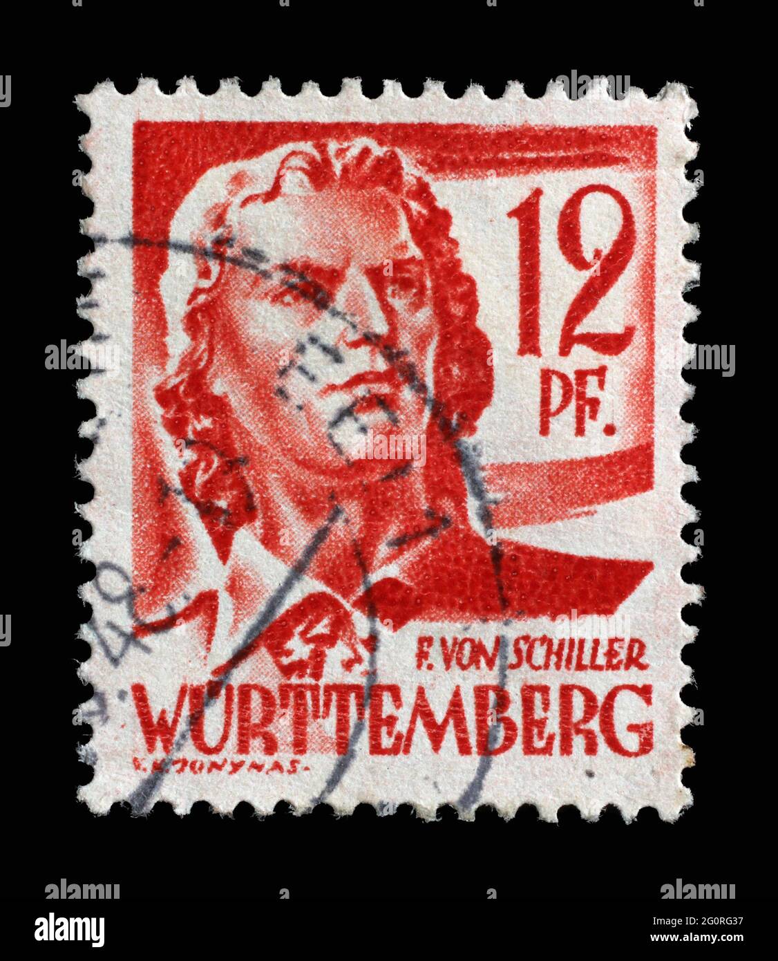 Stamp printed in Germany, French Occupation of Wurttemberg shows Friedrich von Schiller, poet and writer, circa 1948 Stock Photo