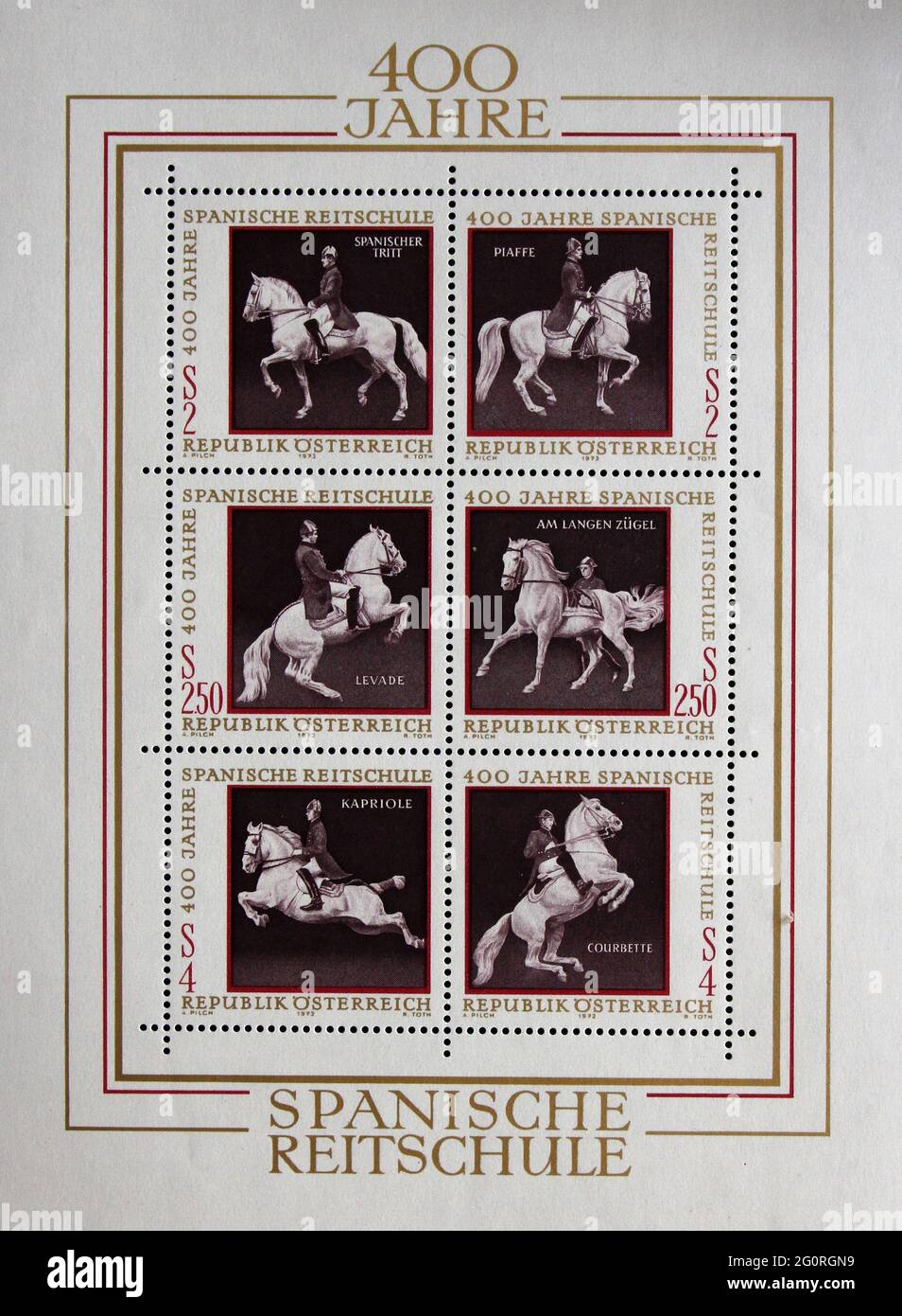 Stamps issued in Austria shows Equestrianism and horse riding, Spanish Horse Riding School in Vienna, circa 1972. Stock Photo
