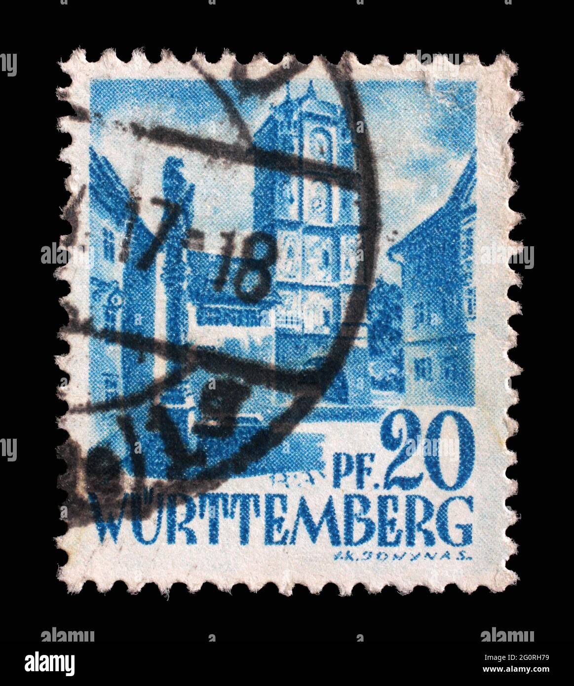 Stamp printed in Germany, French Occupation of Wurttemberg shows City Gate from Wangen, circa 1948 Stock Photo