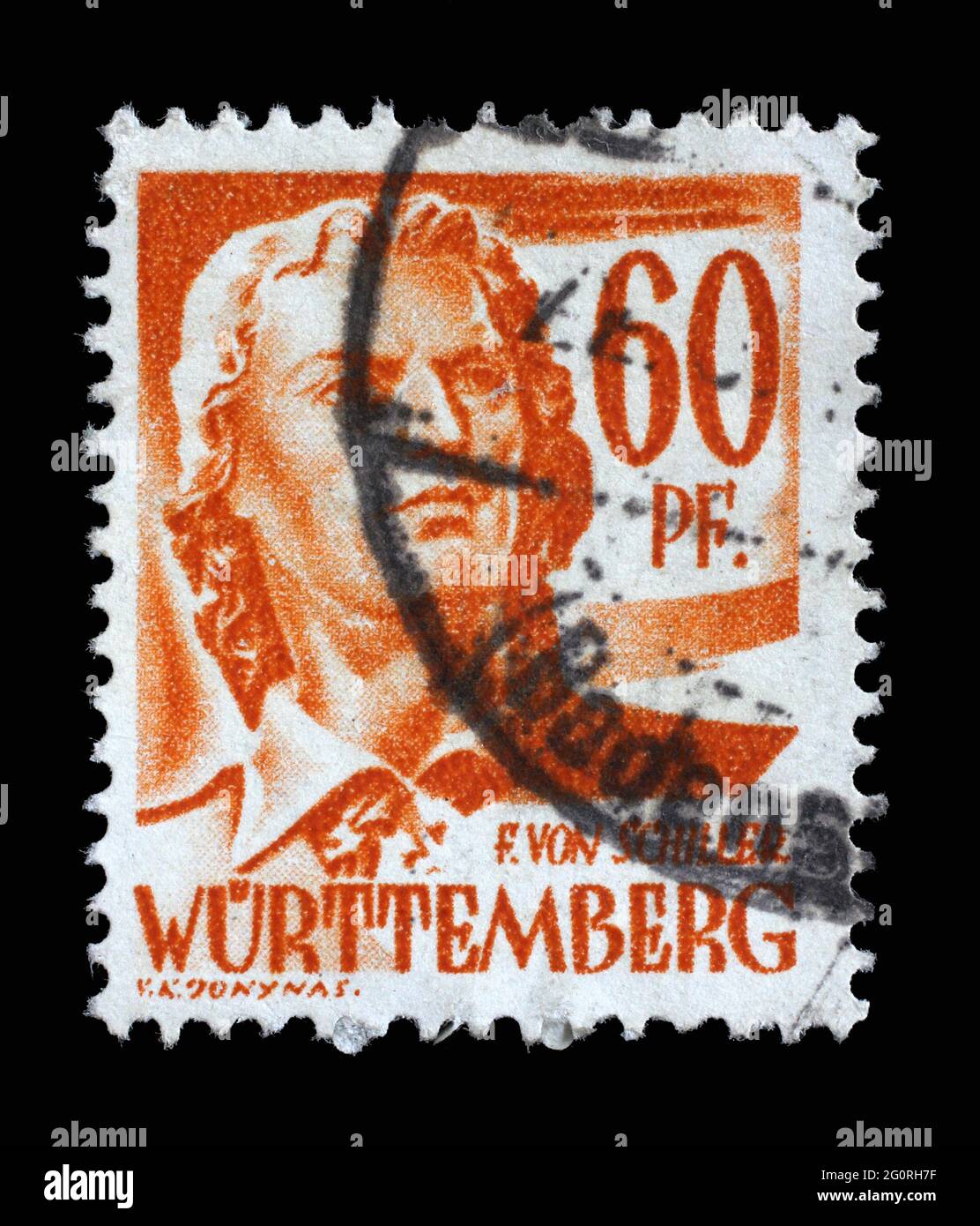 Stamp printed in Germany, French Occupation of Wurttemberg shows Friedrich von Schiller, poet and writer, circa 1948 Stock Photo
