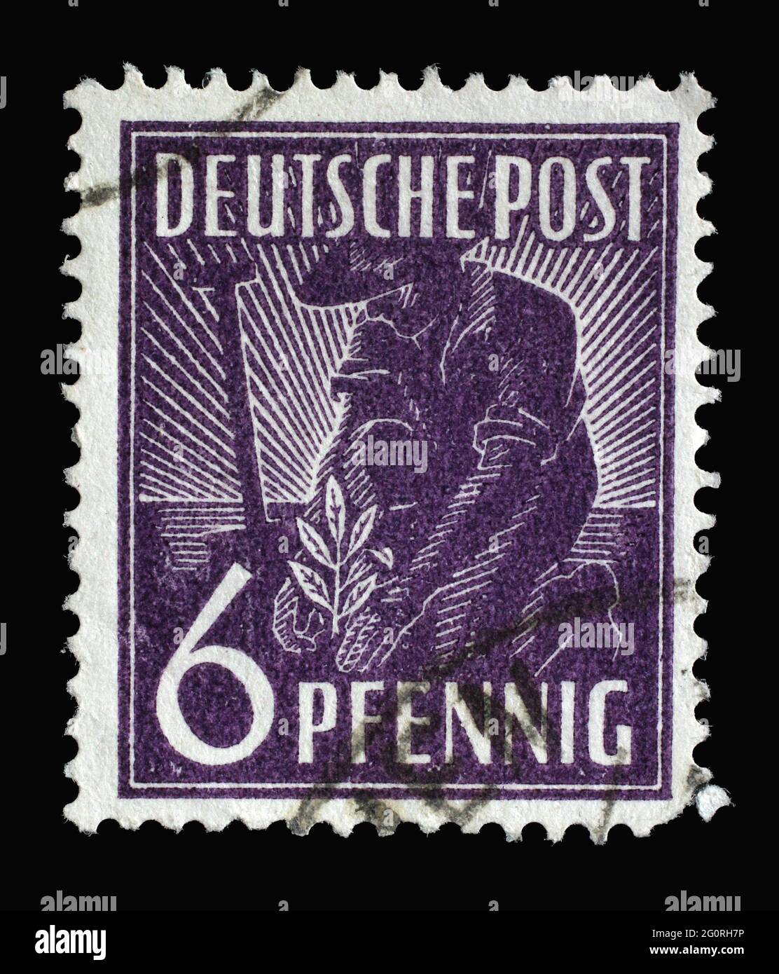 Stamp printed in Germany, American-British-Soviet Occupation (Trizone) shows farmer, plant germ, circa 1947 Stock Photo
