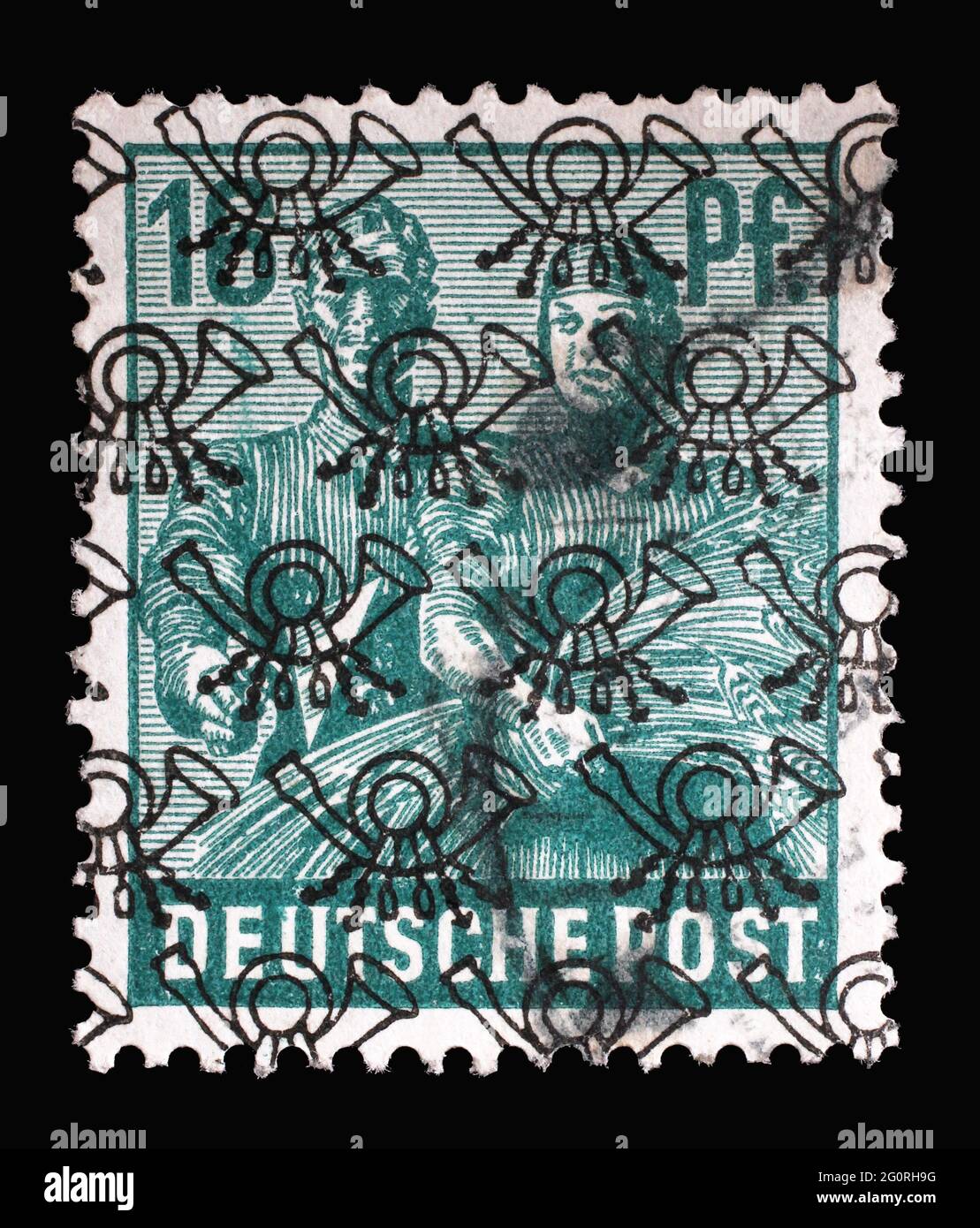Stamp printed in Germany, American-British-Soviet Occupation (Trizone) shows farmers collecting wheat, circa 1947 Stock Photo