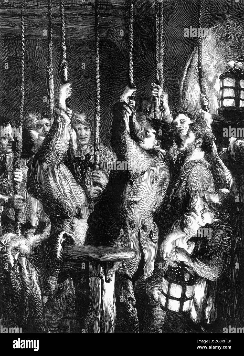 An engraved vintage illustration of bell ringers in a church belfry ringing in the New Year from a Victorian newspaper dated 1866 that is no longer in Stock Photo