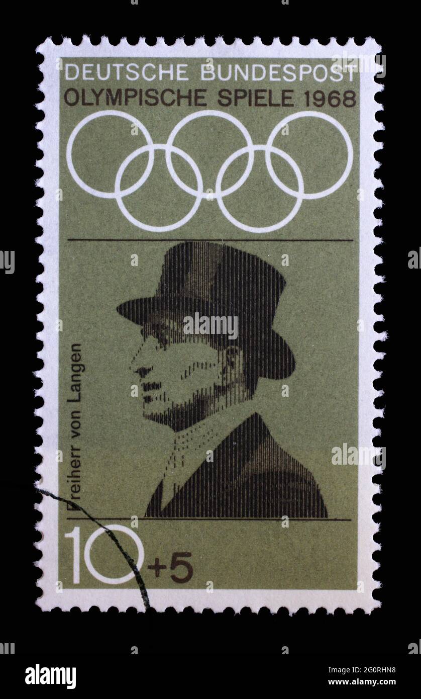 Stamp printed in Germany showing portrait of Carl Friedrich Freiherr von Langen, 1968 Summer Olympics, the Games of the XIX Olympiad, Mexico City, cir Stock Photo