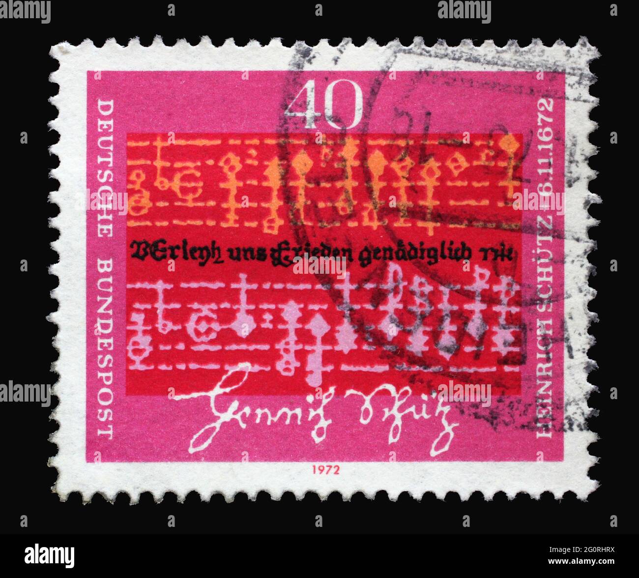 Stamp printed in Germany shows Notes and text by Heinrich Schutz (1585-1672), Composer, 300th Death Anniversary of Heinrich Schutz, circa 1972 Stock Photo
