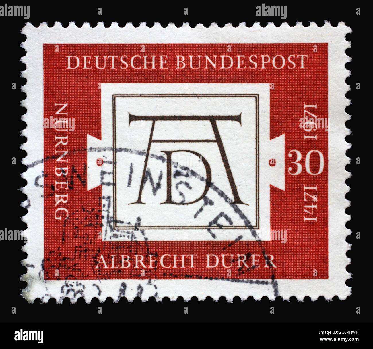 Stamp printed in Germany shows AD, Signum by Albrecht Durer (1471-1528), painter and graphic artist, 500th Birth Anniversary of Albrecht Durer, circa Stock Photo