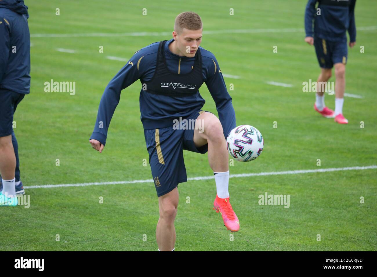 Non Exclusive: KHARKIV, UKRAINE - JUNE 2, 2021 - A player of Ukraine kicks the ball during the open training session ahead of a friendly fixture again Stock Photo