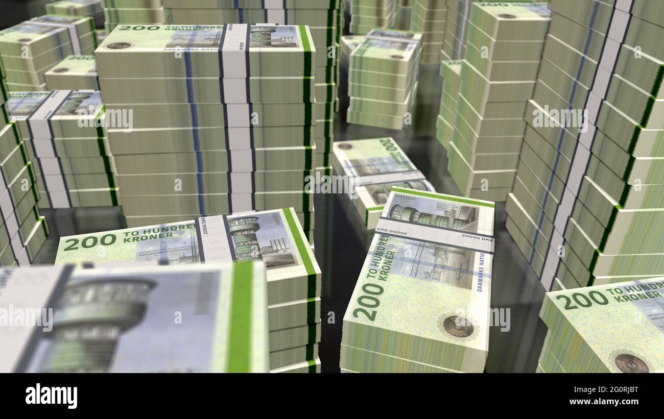 Danish krona money pack 3d illustration. DKK banknote bundle stacks. Concept of finance, cash, economy crisis, business success, recession, bank, tax Stock Photo