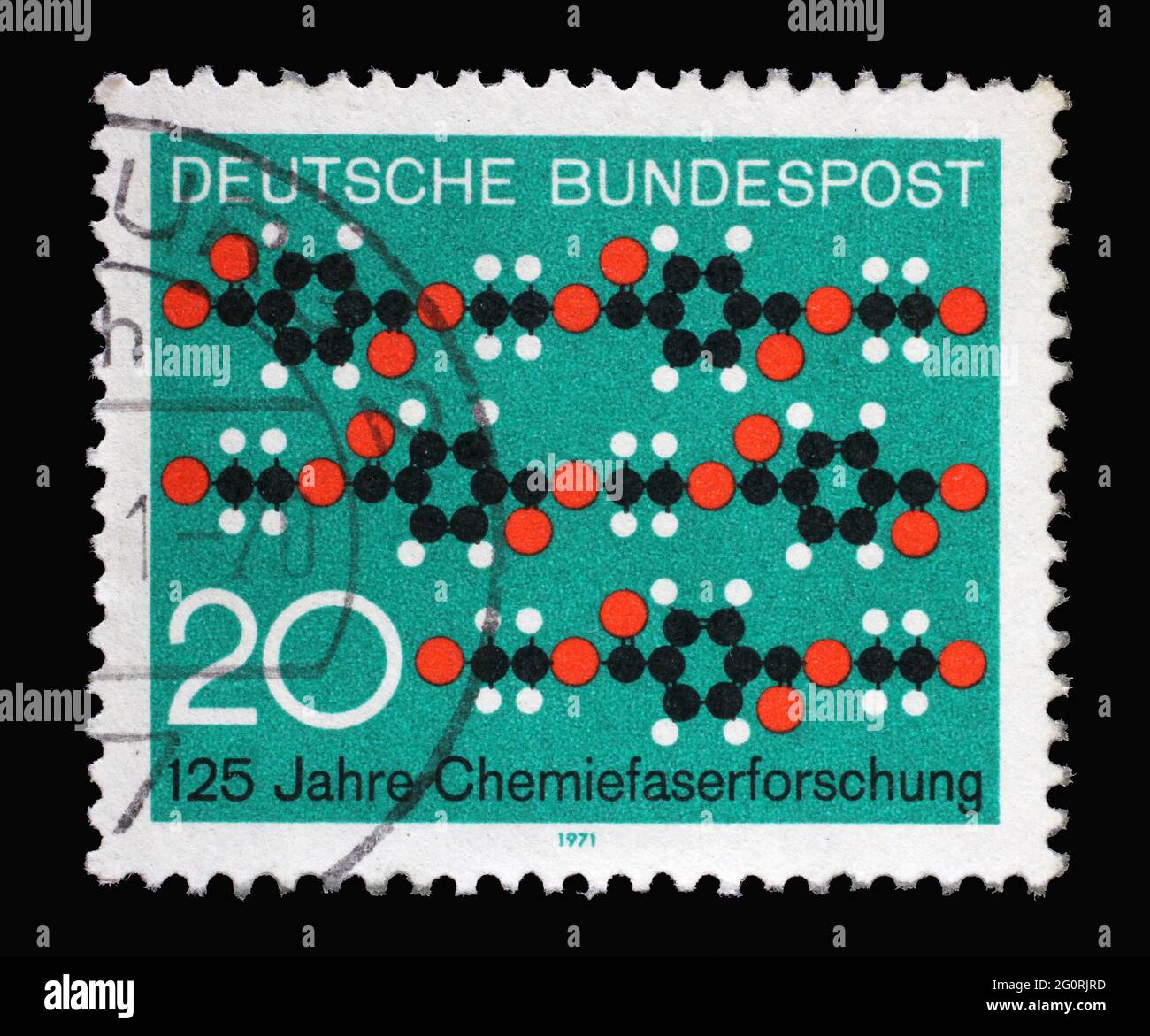 Stamp printed in Germany showing a picture with chain molecules, 125 years of chemical fiber research, circa 1971 Stock Photo