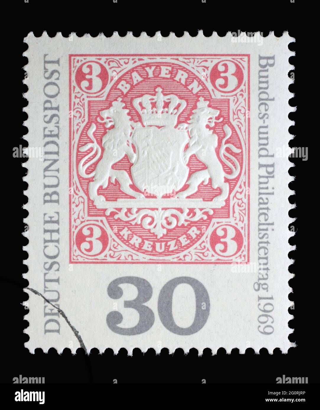 Stamp printed in Germany shows Bayern stamp 3kr, Philatelist day, German Philatelic Federation Congress and Exhibition in Garmisch, circa 1969 Stock Photo