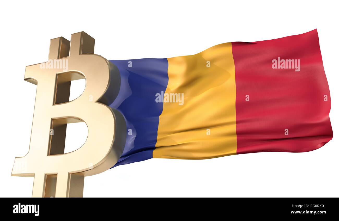 Gold bitcoin cryptocurrency with a waving Romania flag. 3D Rendering Stock Photo