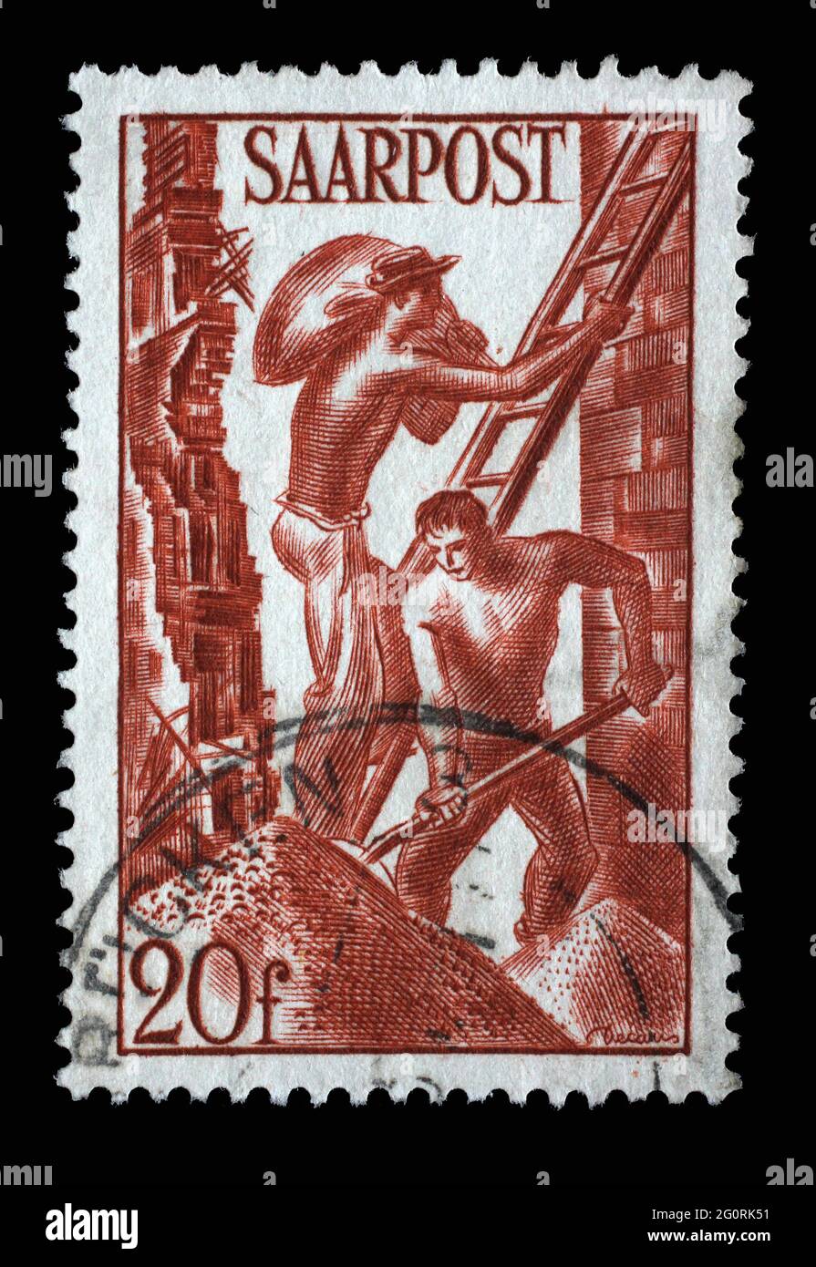 Stamp from Germany area Saar shows Building workers, circa 1948 Stock Photo