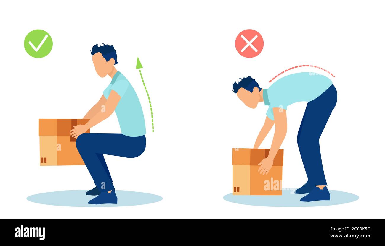 Vector of a man lifting up a heavy box in a safe and unsafe way for his back. Stock Vector