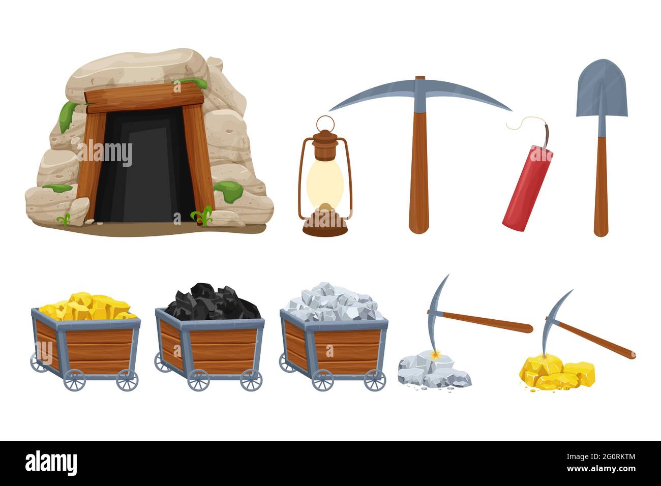 Set mine tools, equipment in cartoon style isolated on white background. Wooden cart with gold, silver, coal ore, tunnel entrance, retro lamp, pickaxe Stock Vector