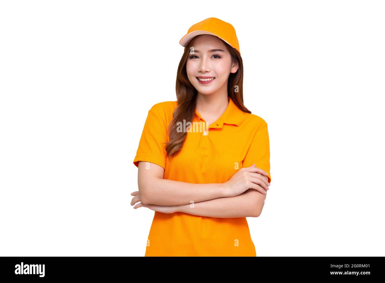 Premium AI Image  A group of women wearing yellow uniforms stand in front  of a orange background.