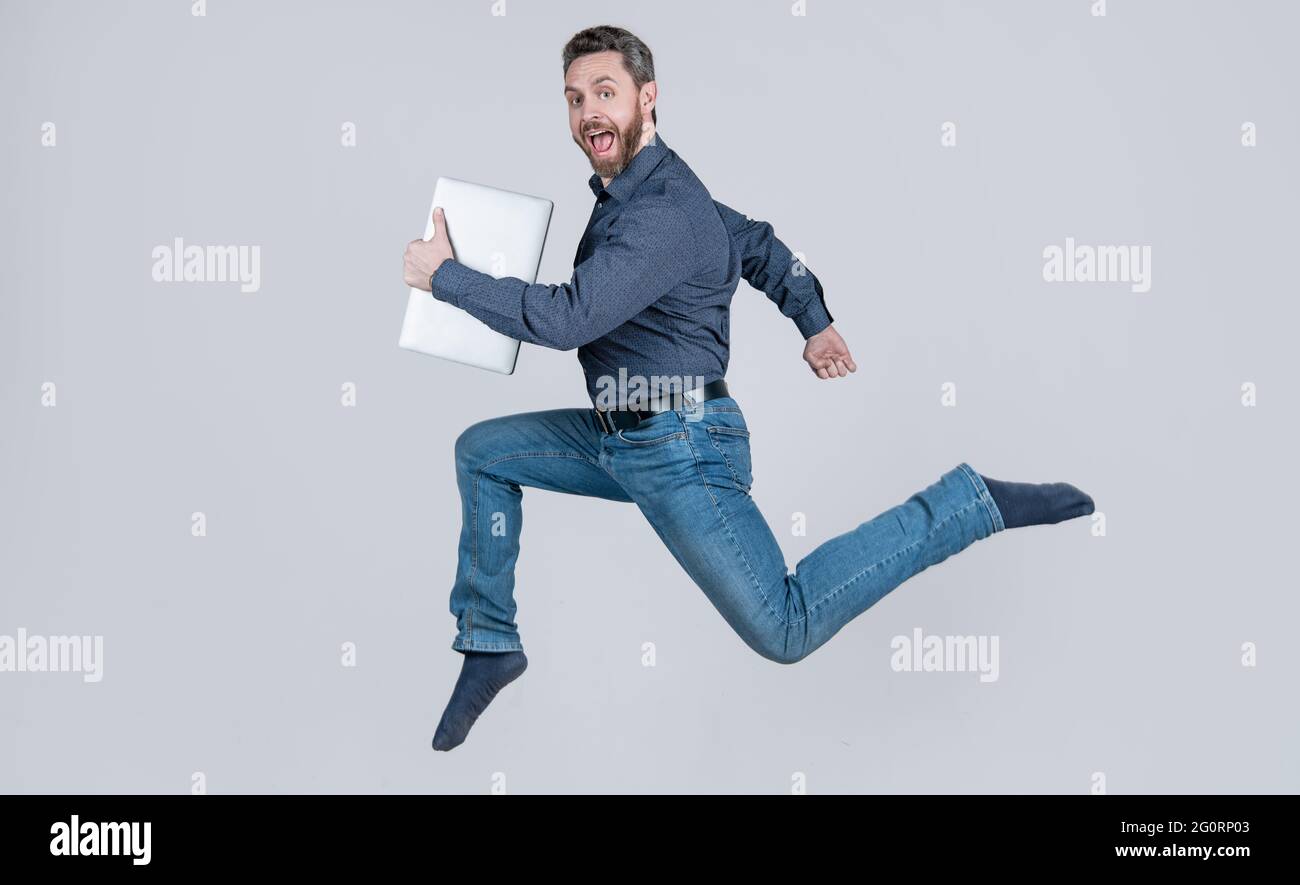 agile business. network administrator hold computer. energetic boss with wireless laptop Stock Photo