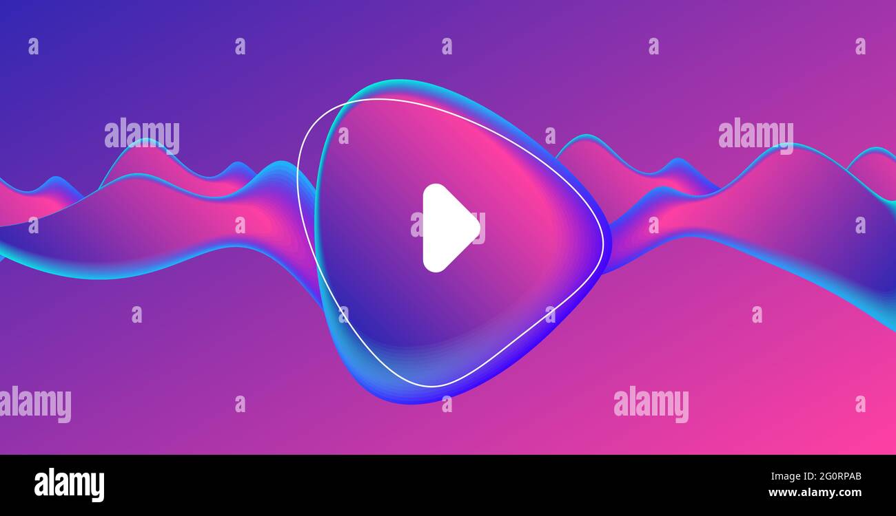 Music album or single cover with abstract fluid amorphic shape in fluorescent blue and pink gradient with play button Stock Vector