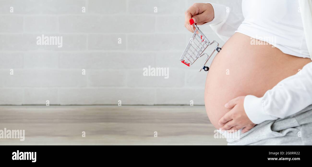 Pregnant women buy baby products and holding shopping cart, Pregnancy shopping item for children concept Stock Photo
