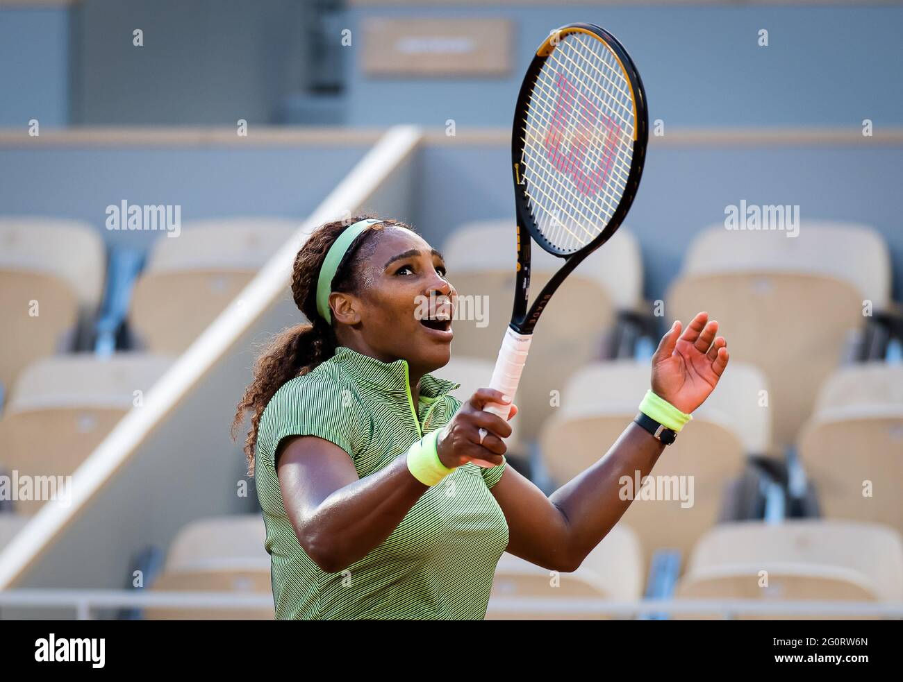 Paris France. 02nd June 2021. Paris France June 2 2021 Serena Williams of the United States during the second round at the Roland Garros 2021 Grand Slam tennis tournament on June 2 2021