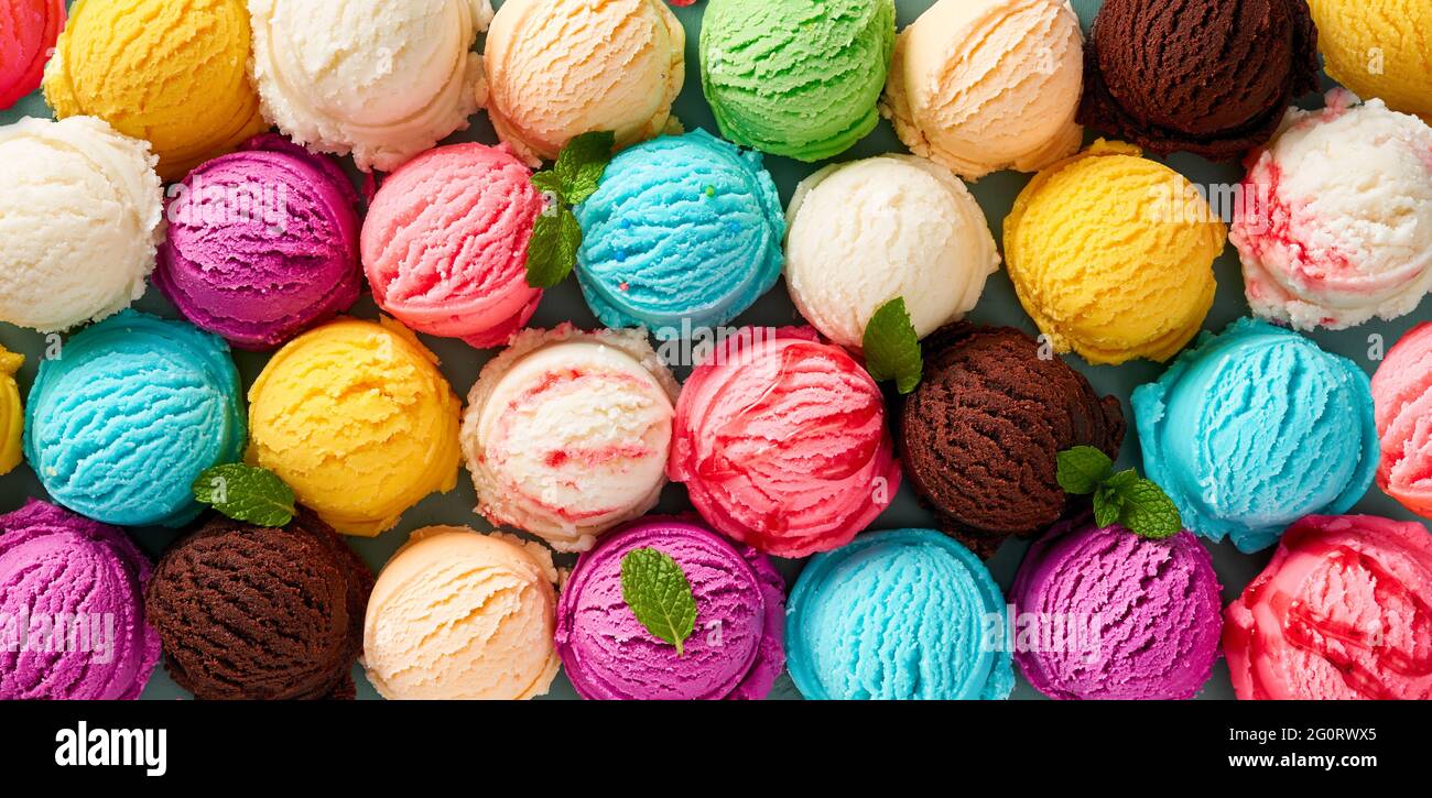 Assorted of scoops ice cream. Colorful set of ice cream of different