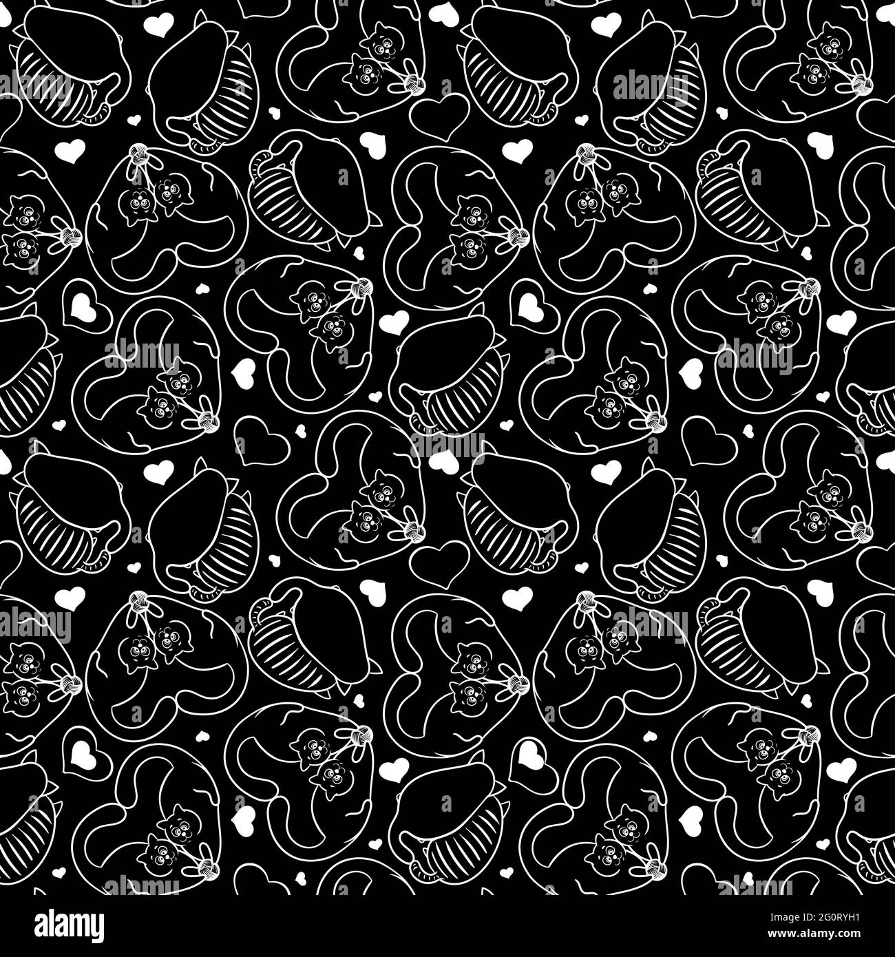 hand drawn cats seamless vector pattern. Doodle art. white on black Stock Vector