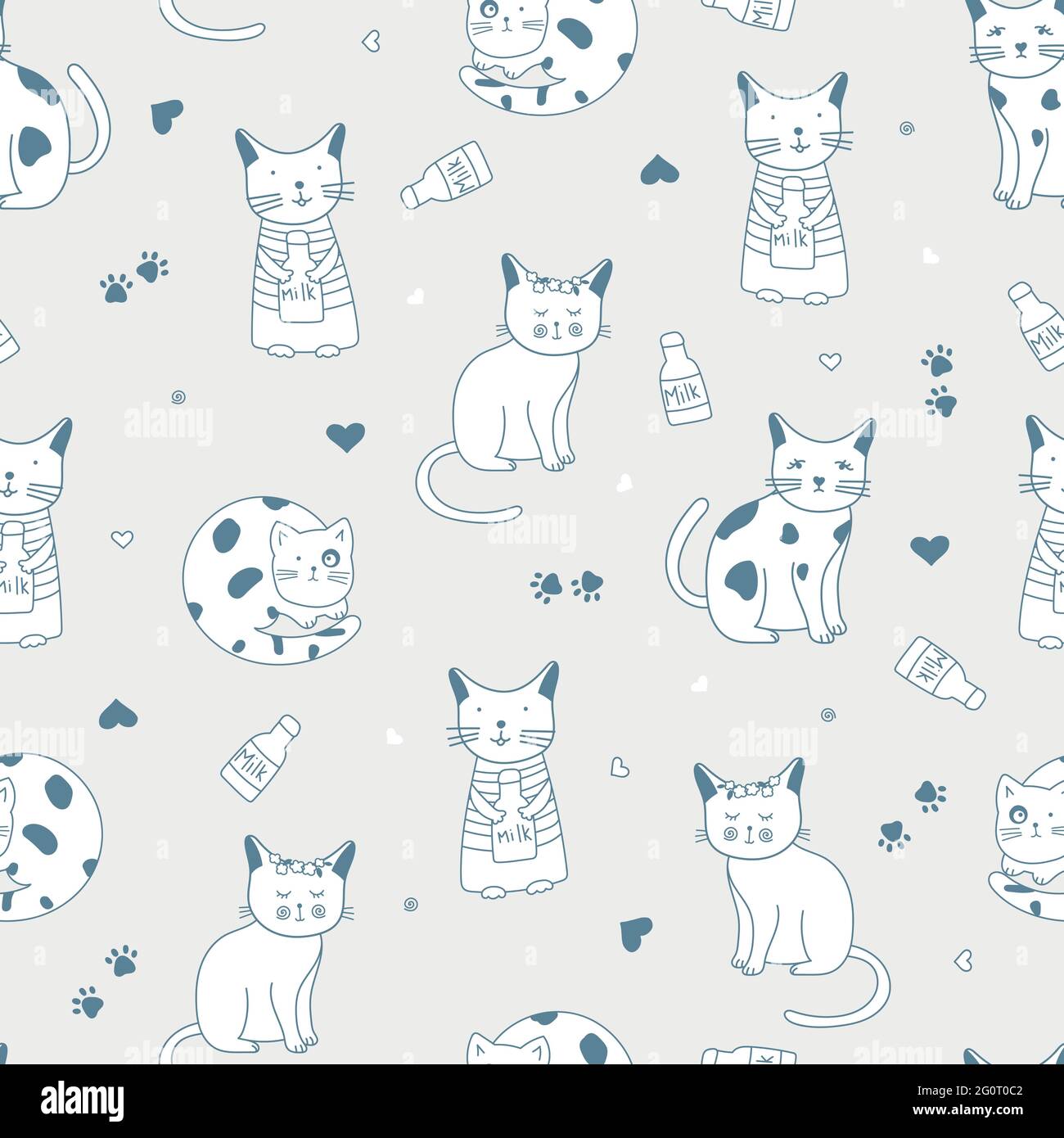 Seamless vector pattern with funny cute cats, pastel colors, light background Stock Vector