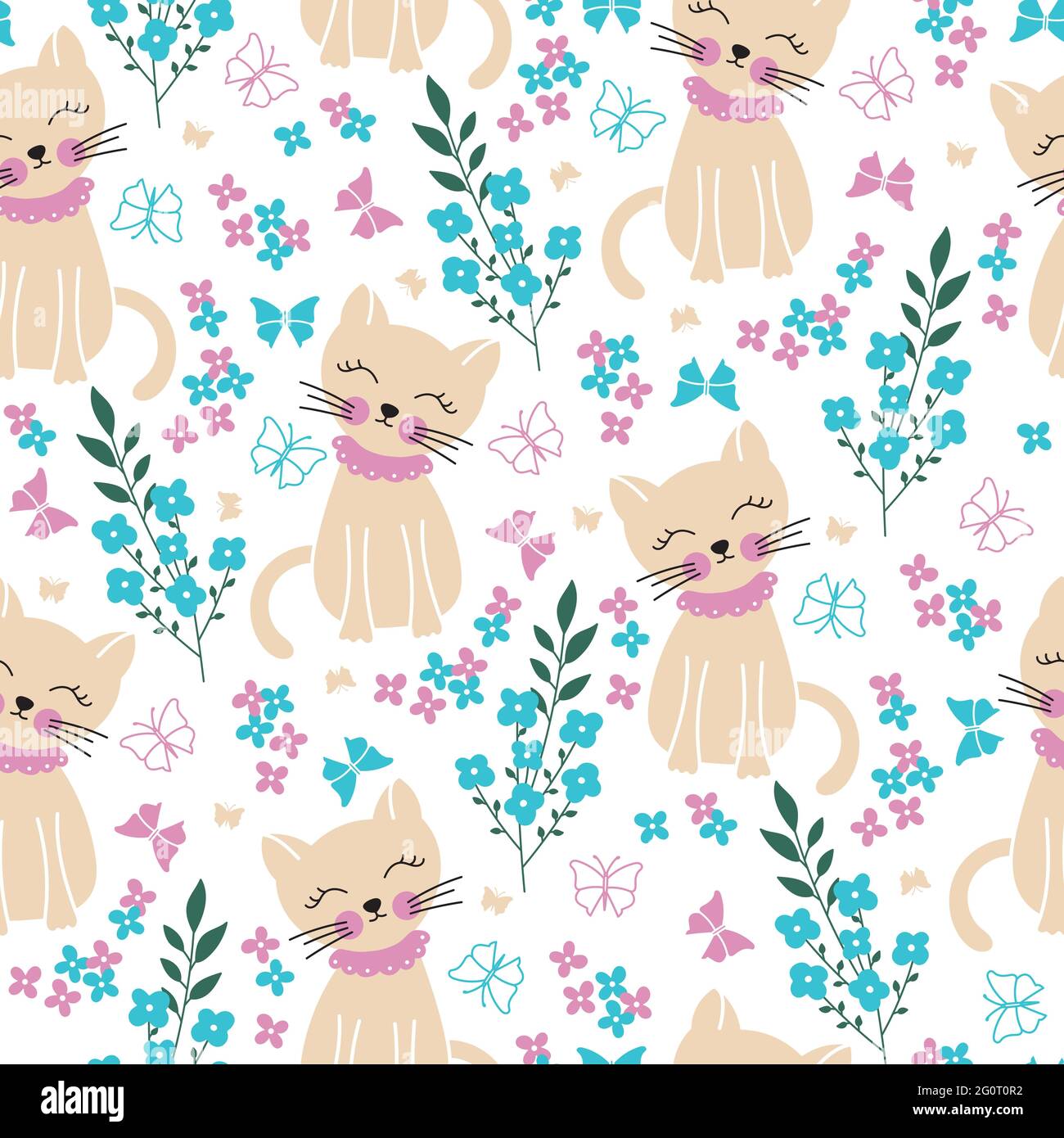 Cute seamless vector background with funny cats and flowers in cartoon style Stock Vector