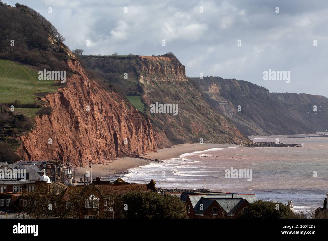 The dramatic cliff line along part of the Jurassic Coast in East Devon near Sidmouth. Stock Photo