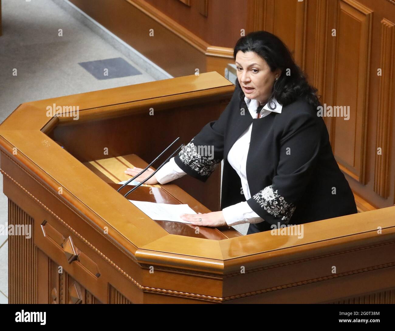 KYIV, UKRAINE - JUNE 3, 2021 - European Solidarity MP Ivanna Klympush-Tsyntsadze speaks from the rostrum during a sitting of the Ukrainian parliament, Stock Photo