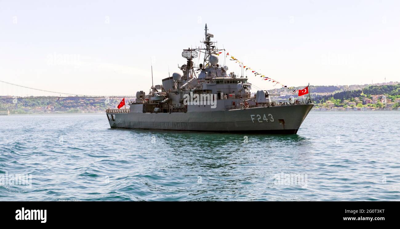 Istanbul, Turkey May 19th, 2021: TCG Yildirim Frigate with pennant number f-243 at the entrance of Bosphorus, Istanbul, at Youth and Sports Day. Stock Photo