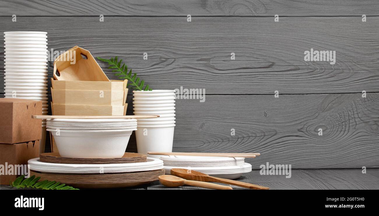 Various Eco friendly tableware made from natural, recyclable materials. Environmental protection and waste reduction concept. Stock Photo
