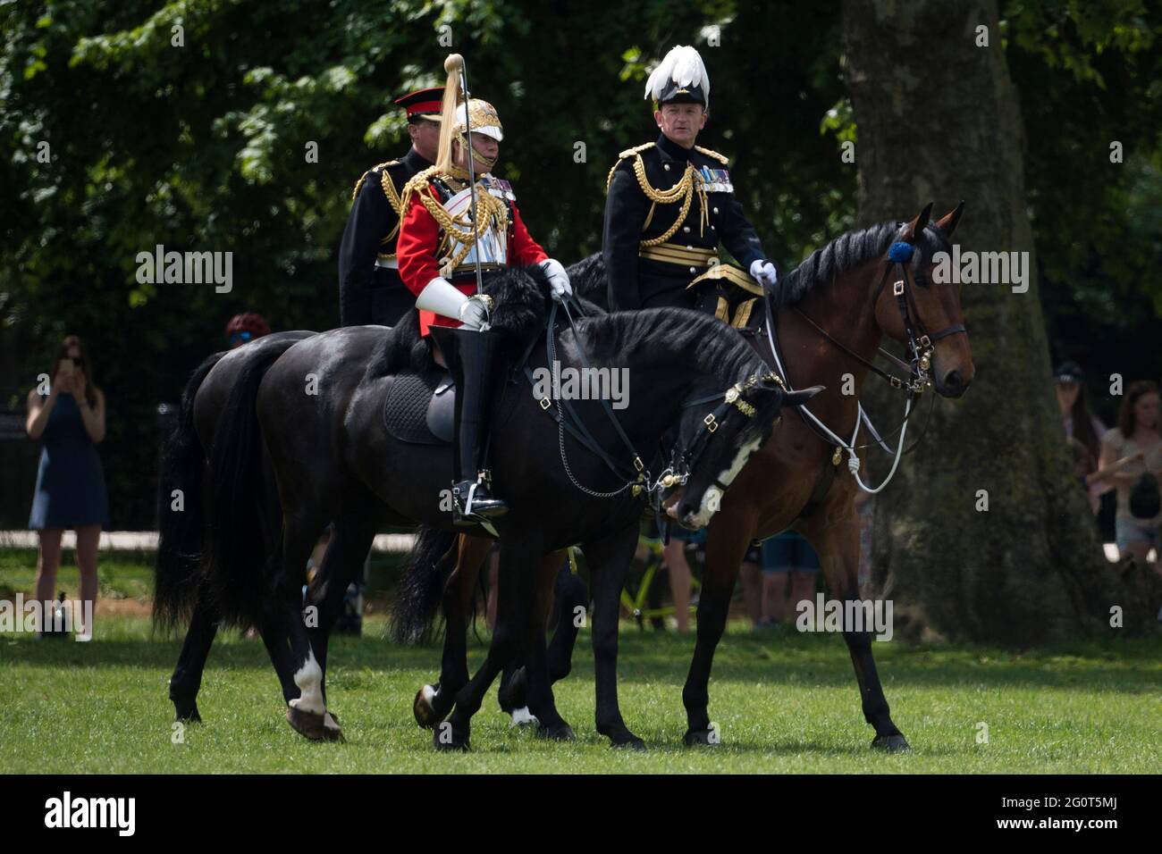 Major General Christopher Ghika (right) arrives to inspect members of the Household Cavalry during the Major General's annual inspection of the Household Cavalry Mounted Regiment in Hyde Park, London. Picture date: Thursday June 3, 2021. Stock Photo