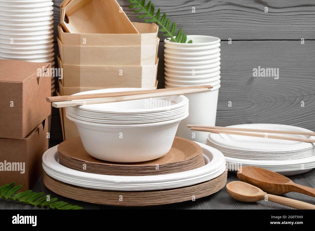 Various Eco friendly tableware made from natural, recyclable materials. Environmental protection and waste reduction concept. Stock Photo