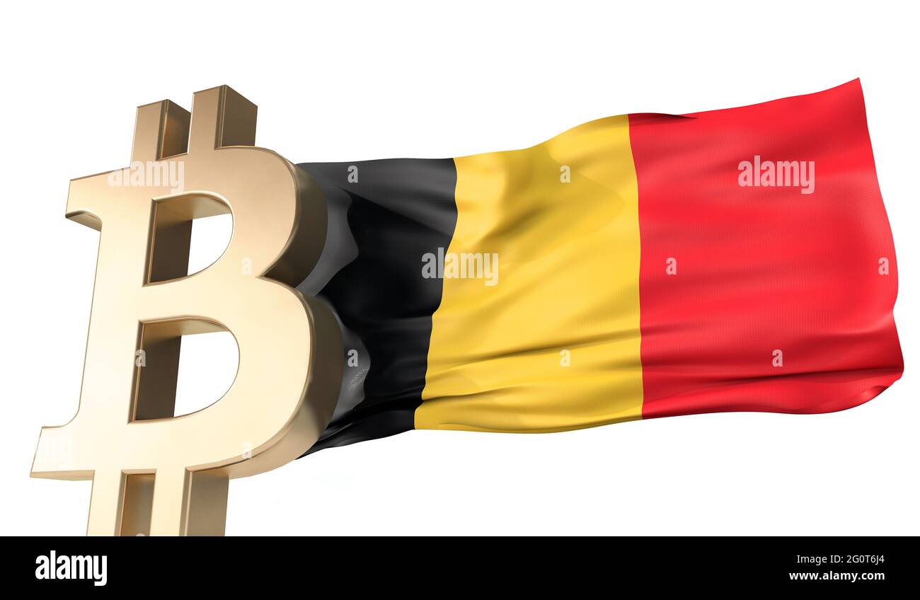 Gold bitcoin cryptocurrency with a waving Belgium flag. 3D Rendering Stock  Photo - Alamy