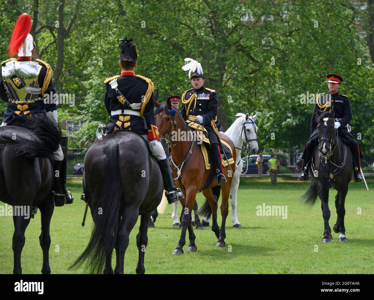 London, UK. 3 June 2021. 2021 Annual inspection of the Household Cavalry at Hyde Park by Major General Christopher John Ghika CBE the General Officer Commanding (pictured, white plume). Credit: Malcolm Park/Alamy Live News. Stock Photo