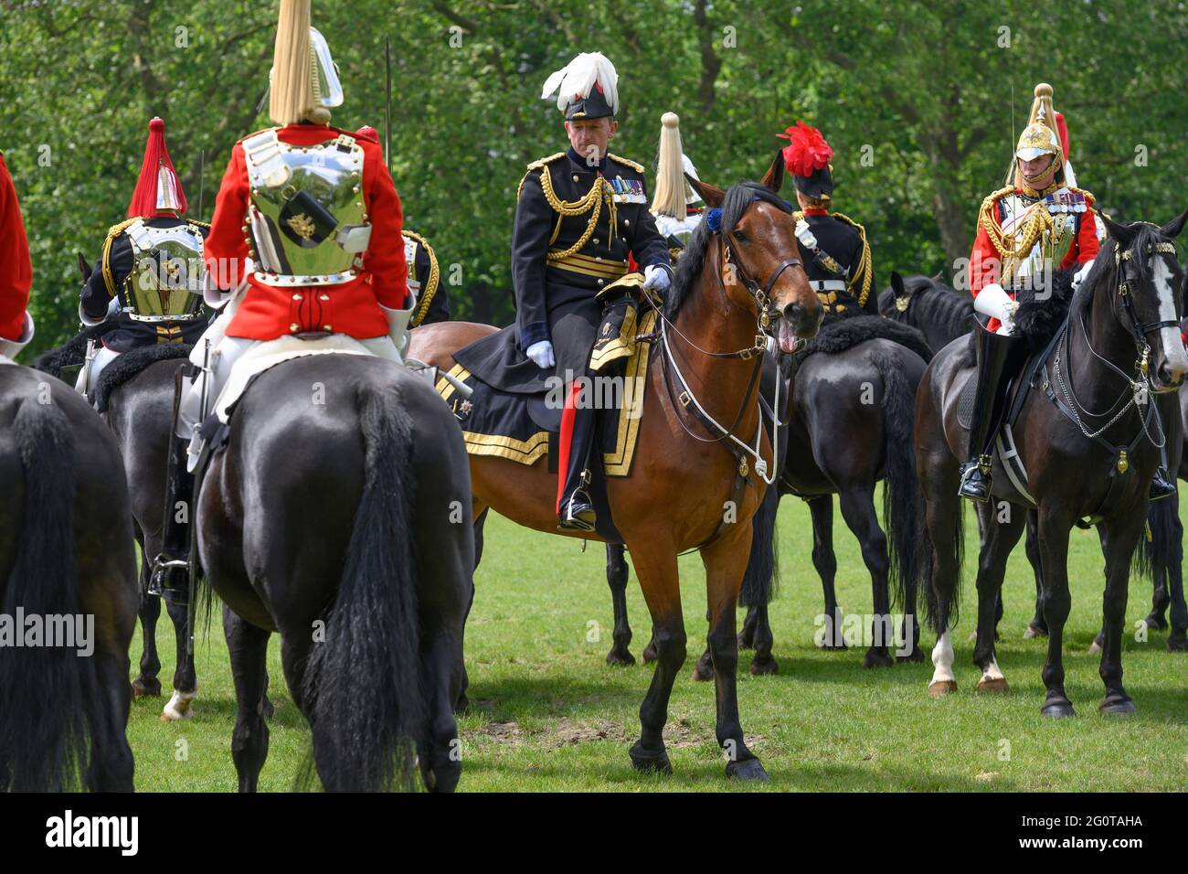 London, UK. 3 June 2021. 2021 Annual inspection of the Household Cavalry at Hyde Park by Major General Christopher John Ghika CBE the General Officer Commanding (pictured, white plume). Credit: Malcolm Park/Alamy Live News. Stock Photo