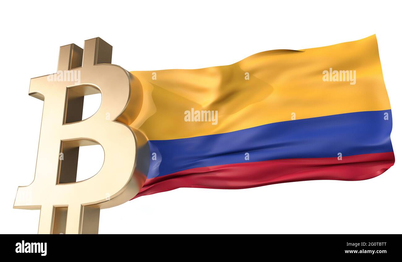 Gold bitcoin cryptocurrency with a waving Colombia flag. 3D Rendering Stock Photo