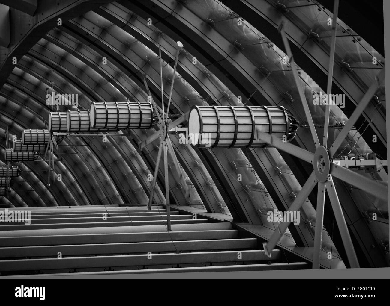 abstract view of rooftop lights and fans Stock Photo